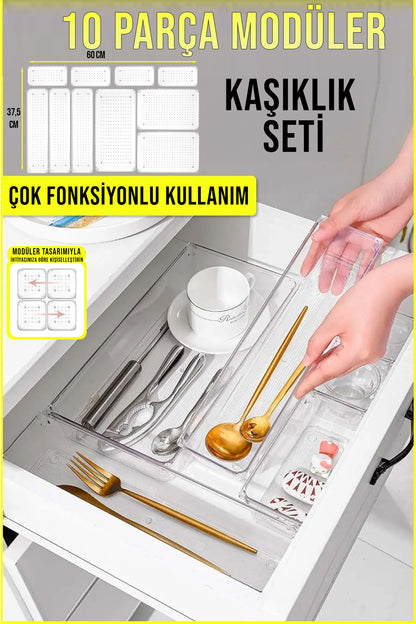 10 Parça Çok Amaçlı Modüler Kaşıklık ve Kepçelik Düzenleyici Çekmece İçi Organizer