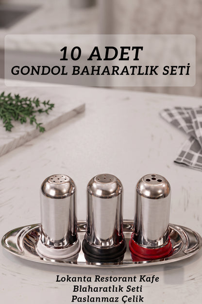 10 ADET Paslanmaz Çelik Baharatlık Seti Tepsili – Profesyonel Tuzluk, Karabiberlik ve Baharat Takımı | Restoran, Kafe ve Ev Kullanımı