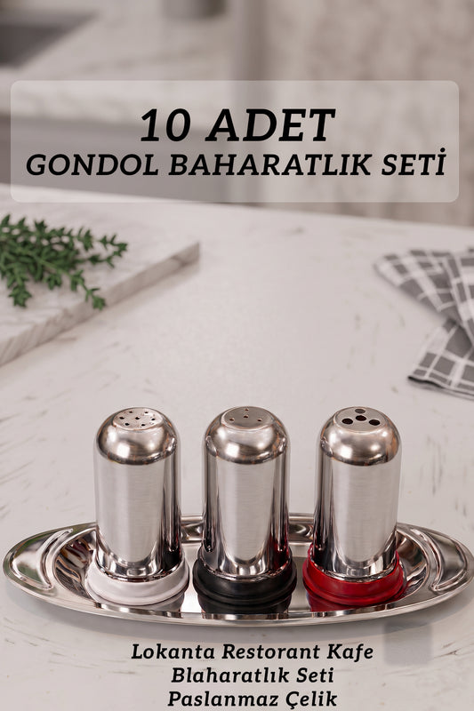 10 ADET Paslanmaz Çelik Baharatlık Seti Tepsili – Profesyonel Tuzluk, Karabiberlik ve Baharat Takımı | Restoran, Kafe ve Ev Kullanımı