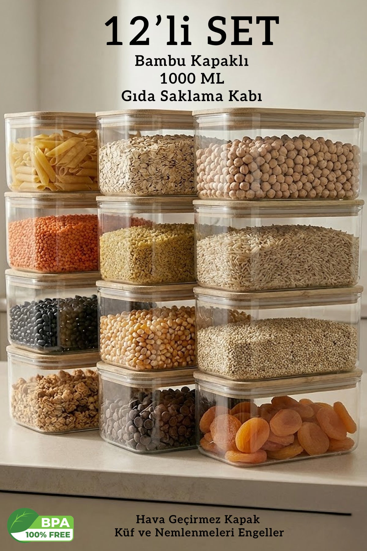 12’li Bambu Kapaklı Dikdörtgen Hava Geçirmez Gıda Saklama Kabı Seti - 1000 ML
