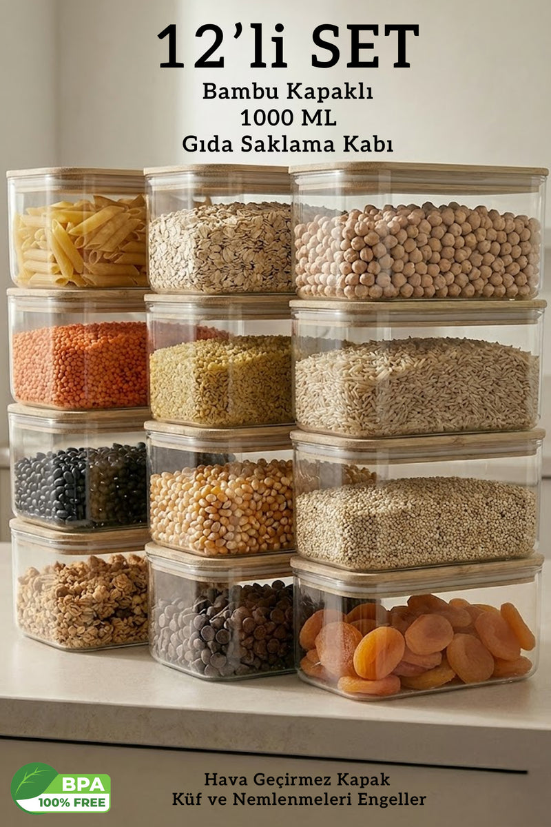 12’li Bambu Kapaklı Dikdörtgen Hava Geçirmez Gıda Saklama Kabı Seti - 1000 ML
