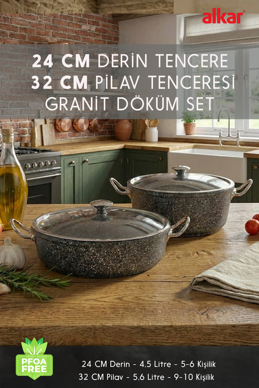 24 Cm Derin & 32 Cm Pilav Karnıyarık Granit Döküm Tencere Seti Fırına Uygun Büyük Boy