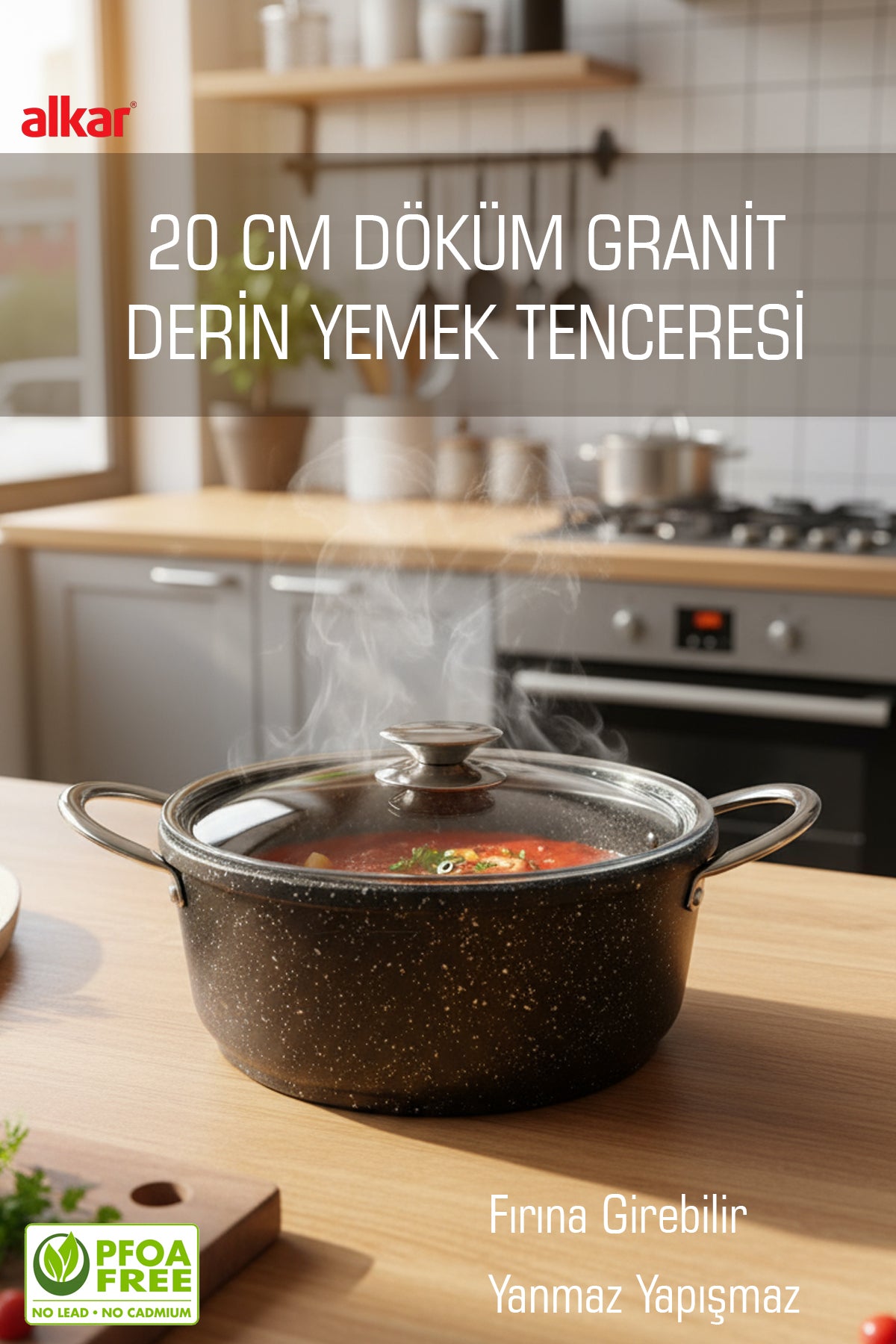 20 CM Küçük Boy Döküm Granit Yapışmaz Fırına Girebilir Yemek Tenceresi