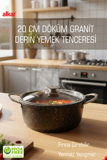 20 CM Küçük Boy Döküm Granit Yapışmaz Fırına Girebilir Yemek Tenceresi