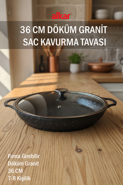 36 CM Büyük Boy Döküm Granit Fırına Girebilir Kapaklı Sac Kavurma Tavası