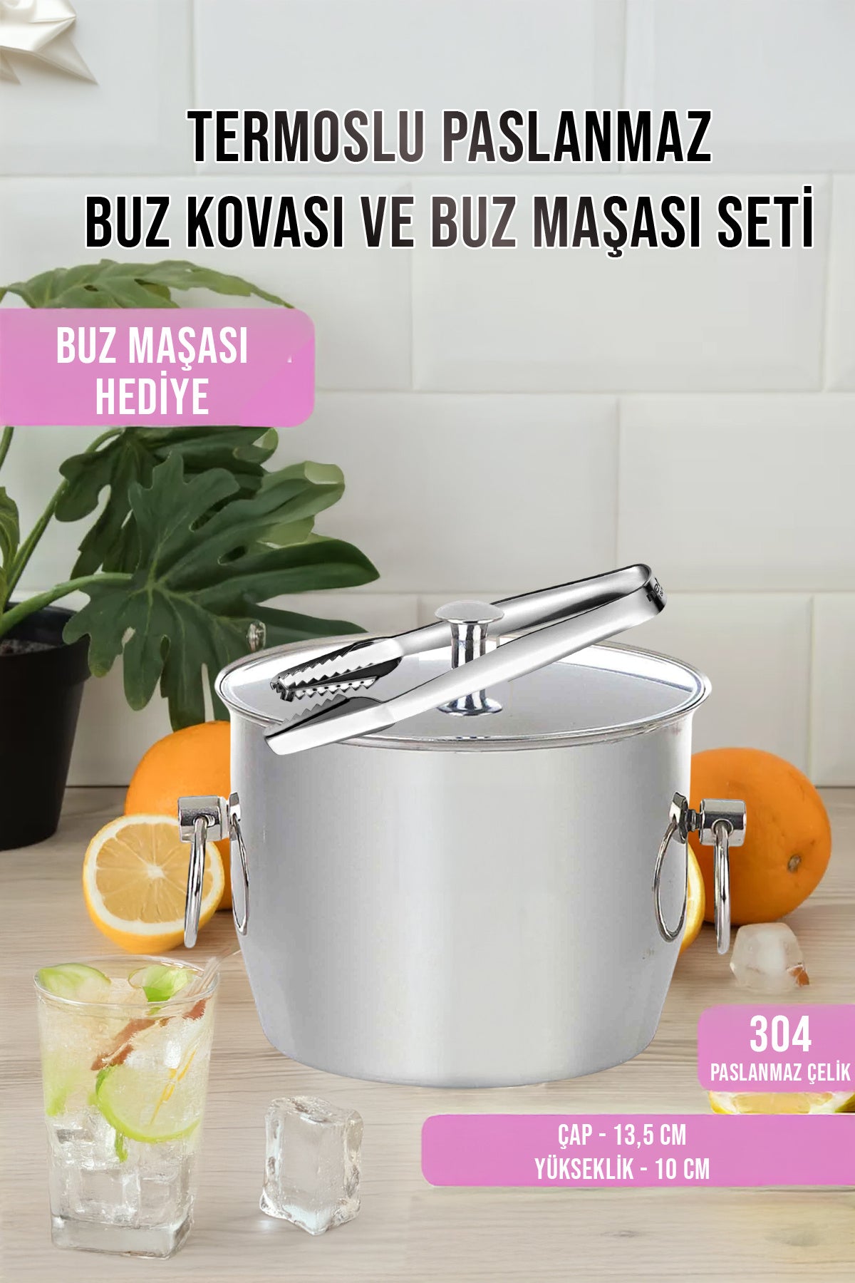 Buz Kovası ve Maşa Seti Paslanmaz Çelik Termoslu Buz Kovası
