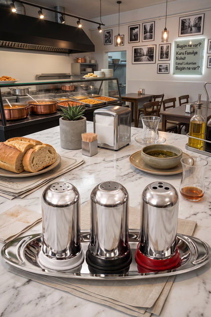Büyük Boy Paslanmaz Çelik Gondol Baharatlık Seti 3'lü Tepsili Tuzluk Karabiberlik Pul Biberlik Takımı