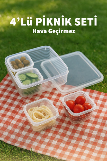 4'lü Hava Geçirmez Piknik Seti Saklama Kabı Şeffaf Kapaklı Kahvaltı Seti