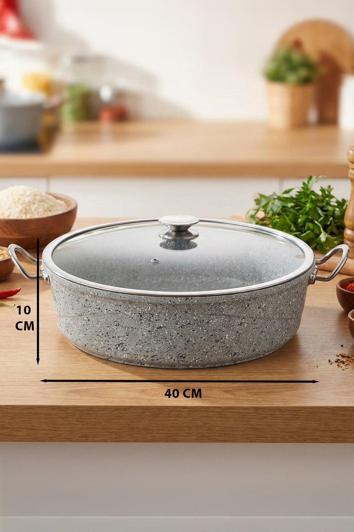 40 CM Ağır Döküm Granit Yanmaz Yapışmaz Fırına Girebilir Pilav Tenceresi