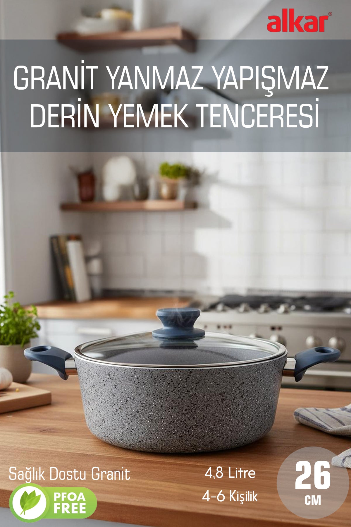 26 CM Bio Granit Derin Tencere – Yanmaz Yapışmaz, PFOA Free, Yüksek Isıya Dayanıklı