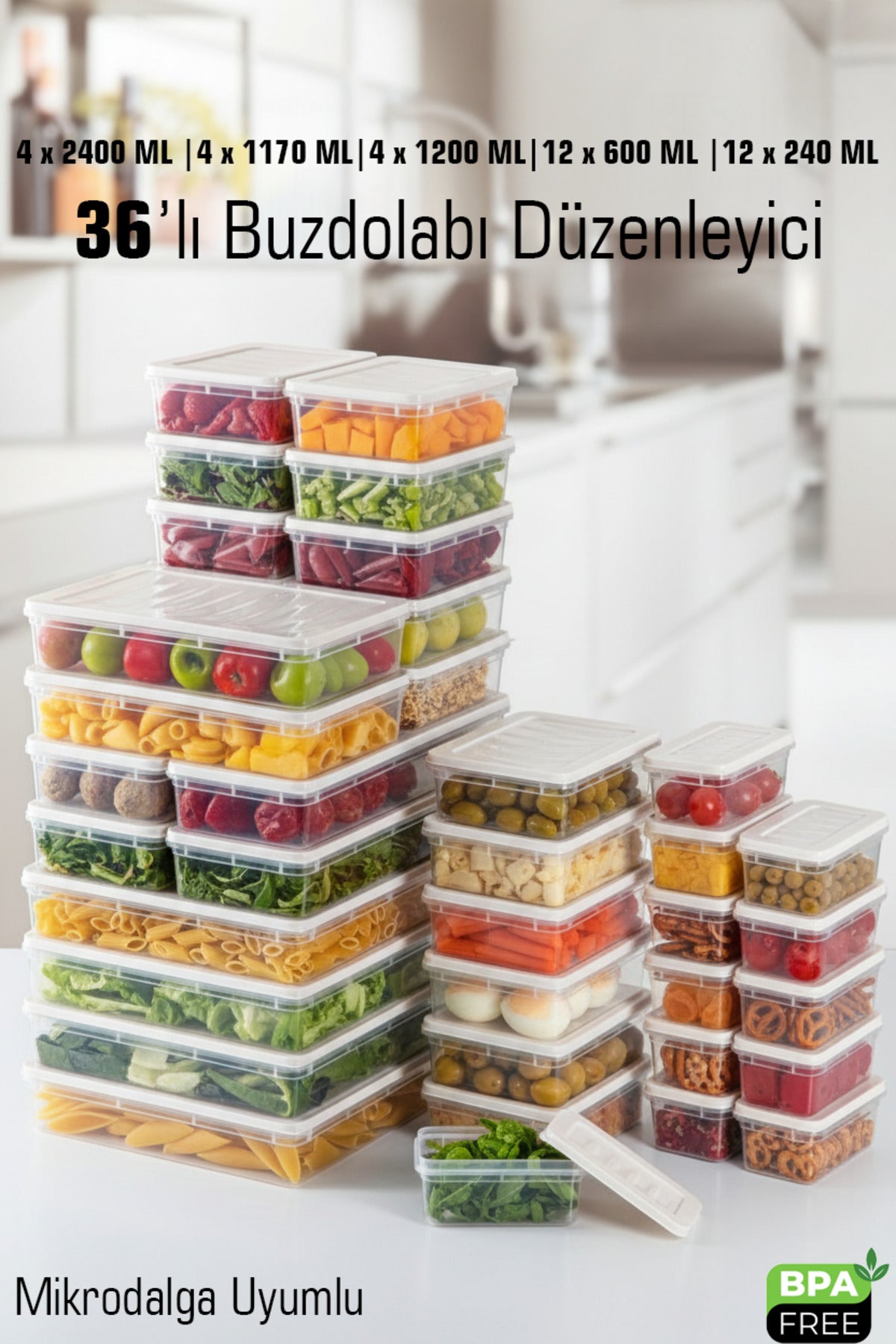 36'lı Set Buzdolabı ve Difriz Düzenleyici Saklama Kabı Seti Dolap İçi Düzen BPA Free Mikrodalga