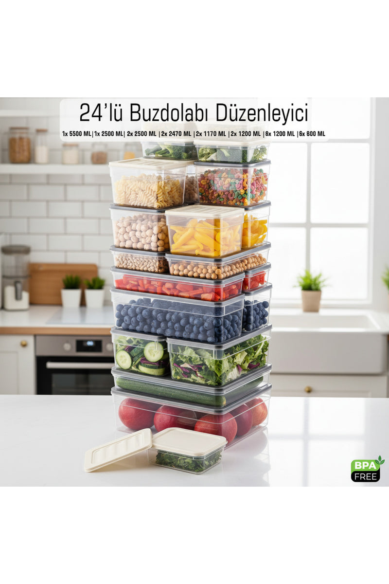 24'lü Sızdırmaz Saklama Kabı Seti Buzdolabı ve Difriz Düzenleyici Set Mikrodalga Uygun