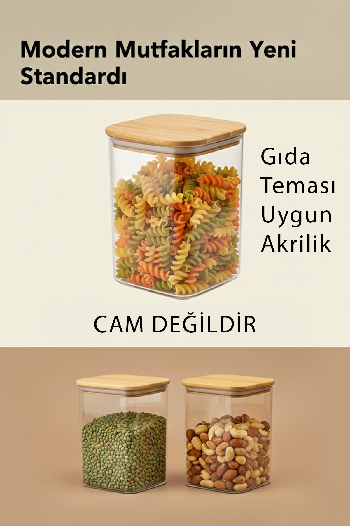1 Litre Bambu Kapaklı Hava Geçirmez Contalı Gıda Bakliyat Saklama Kabı - 1000 ML