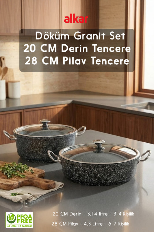 2'li Tencere Seti 20 CM Derin Yemek 28 CM Basık Pilav ve Karnıyarık Tencere Seti Granit Döküm