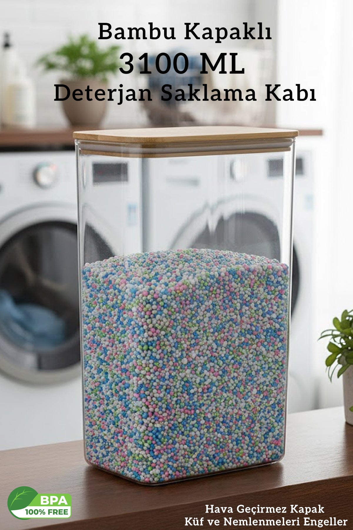 Bambu Kapak Deterjan Saklama Kabı 3.1 Litre Hava Geçirmez Nem Önler - 3100 ML