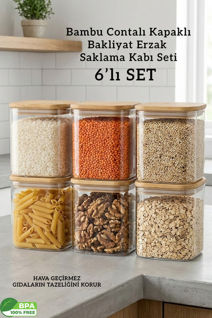 6’lı Bambu Kapaklı Kare 1000 ML Hava Geçirmez Gıda Saklama Kabı Seti – 1 Litre
