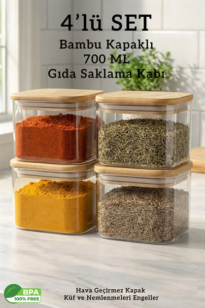 4’lü Bambu Kapaklı Kare Hava Geçirmez Gıda Bakliyat Saklama Kabı Seti - 700 ML