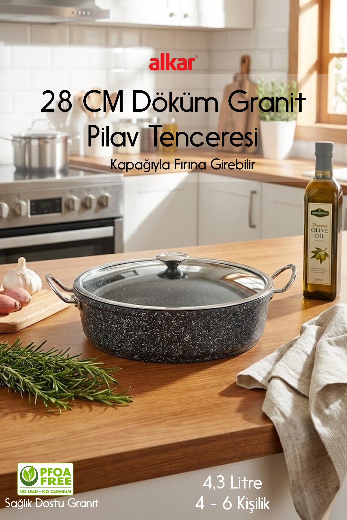 28 CM Döküm Fırına Girebilir Granit Yanmaz Yapışmaz Çok Amaçlı Pilav Tenceresi