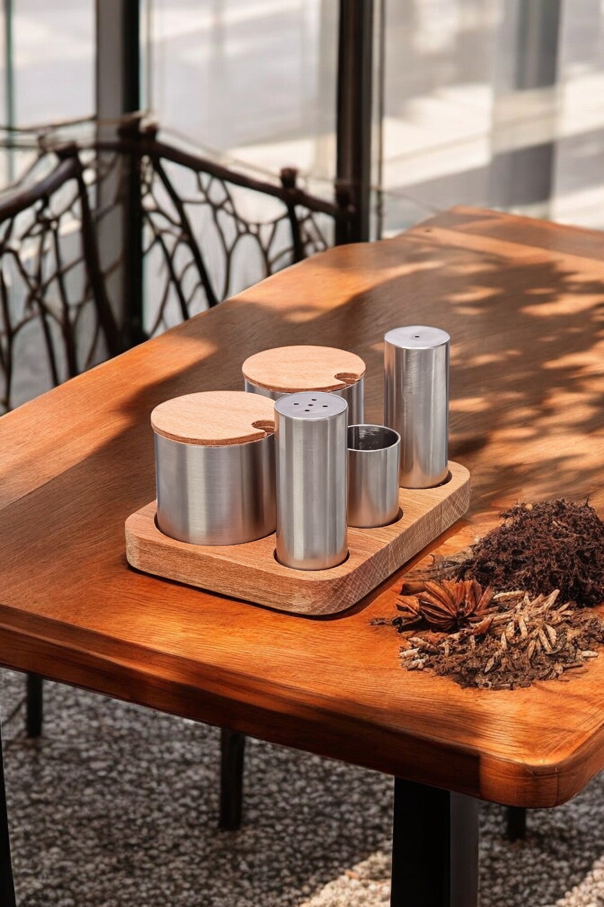 5'li Ahşap Stantlı Paslanmaz Çelik Baharatlık ve Şekerlik Seti Kafe Restorant Set