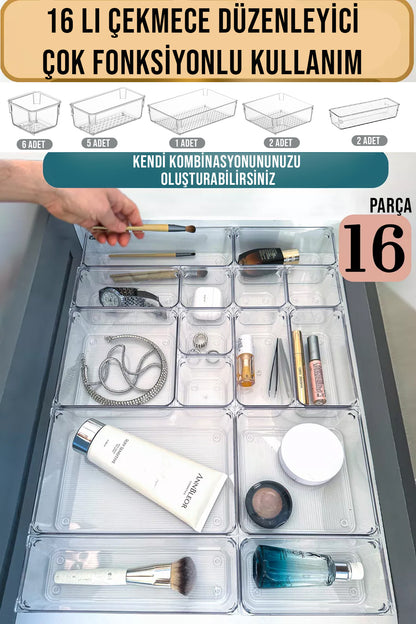 16 Parça Modüler Çok Amaçlı Çekmece İçi Düzenleyici Makyaj Takı Ofis Mutfak Organizeri