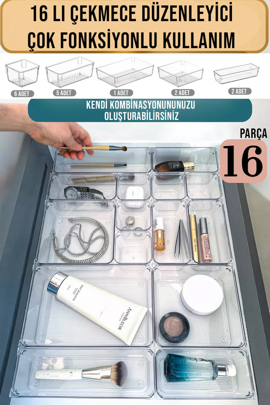 16 Parça Modüler Çok Amaçlı Çekmece İçi Düzenleyici Makyaj Takı Ofis Mutfak Organizeri