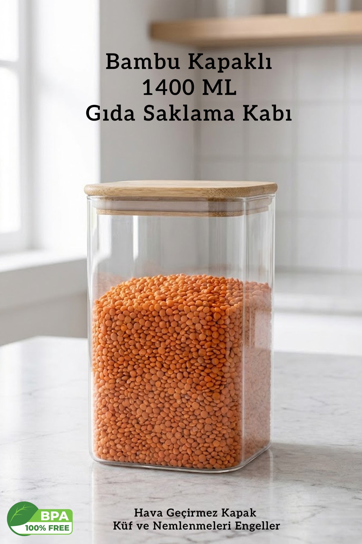Bambu Kapaklı Kare Hava Geçirmez Gıda Erzak Saklama Kabı - 1400ML
