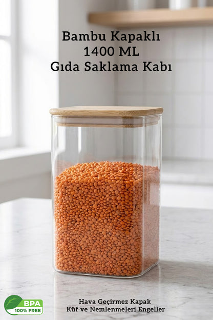 Bambu Kapaklı Kare Hava Geçirmez Gıda Erzak Saklama Kabı - 1400ML