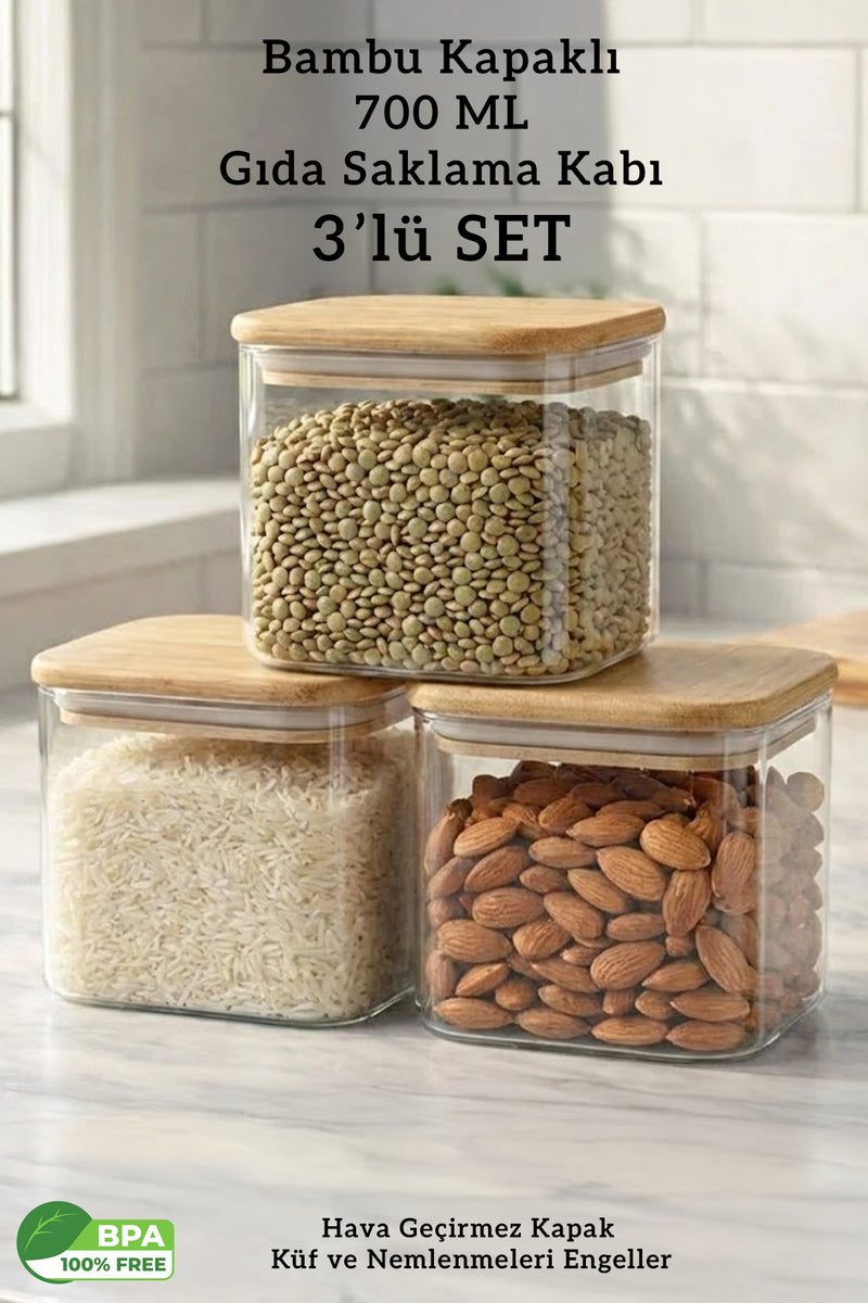 3'lü Set Bambu Kapaklı Kare Hava Almaz Gıda Bakliyat Saklama Kabı - 700 ML