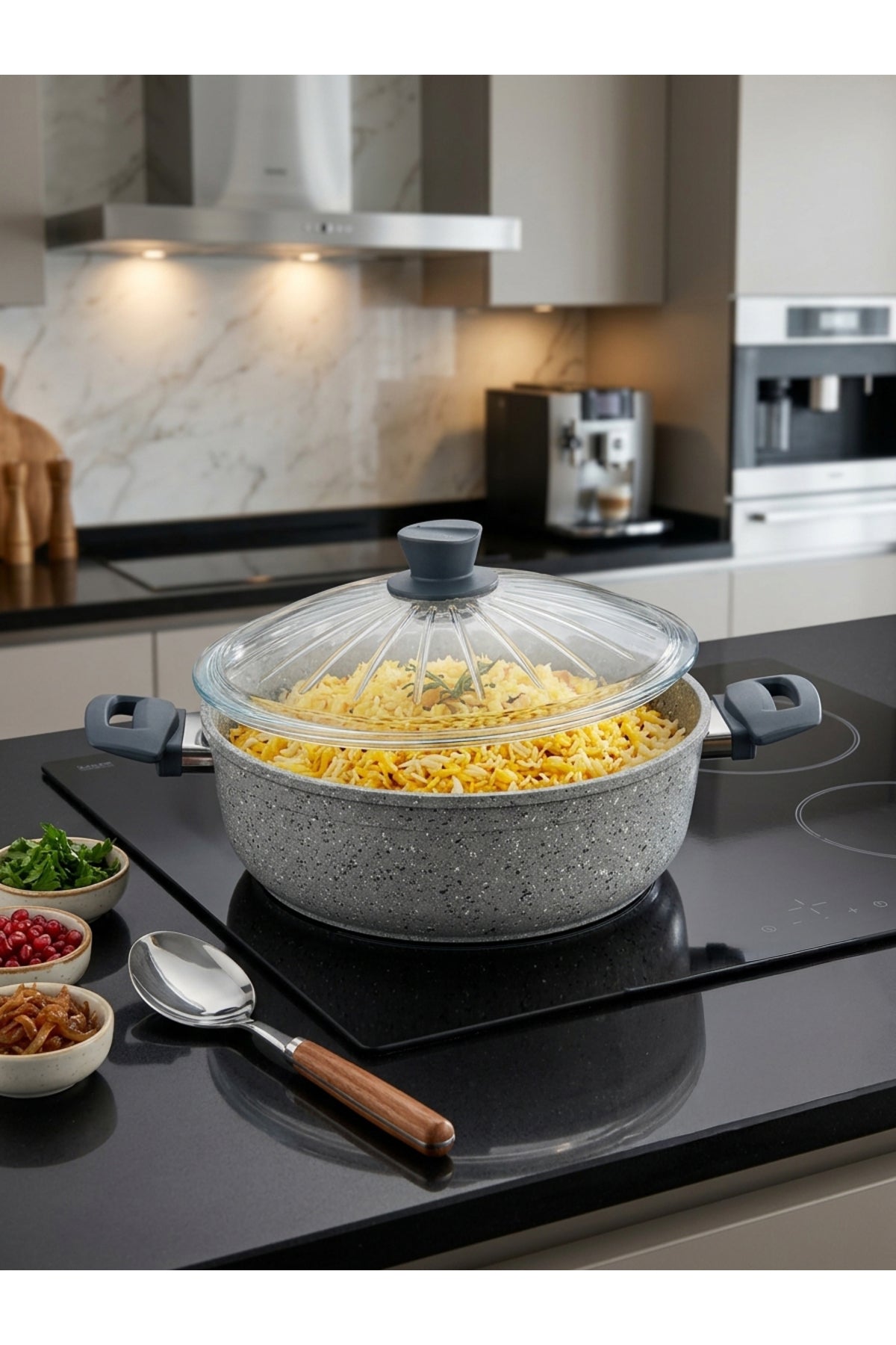 28 Cm Cam Kapaklı Granit Pilav Tenceresi – İndüksiyon Uyumlu Geniş Aile Boy Pilav Tenceresi
