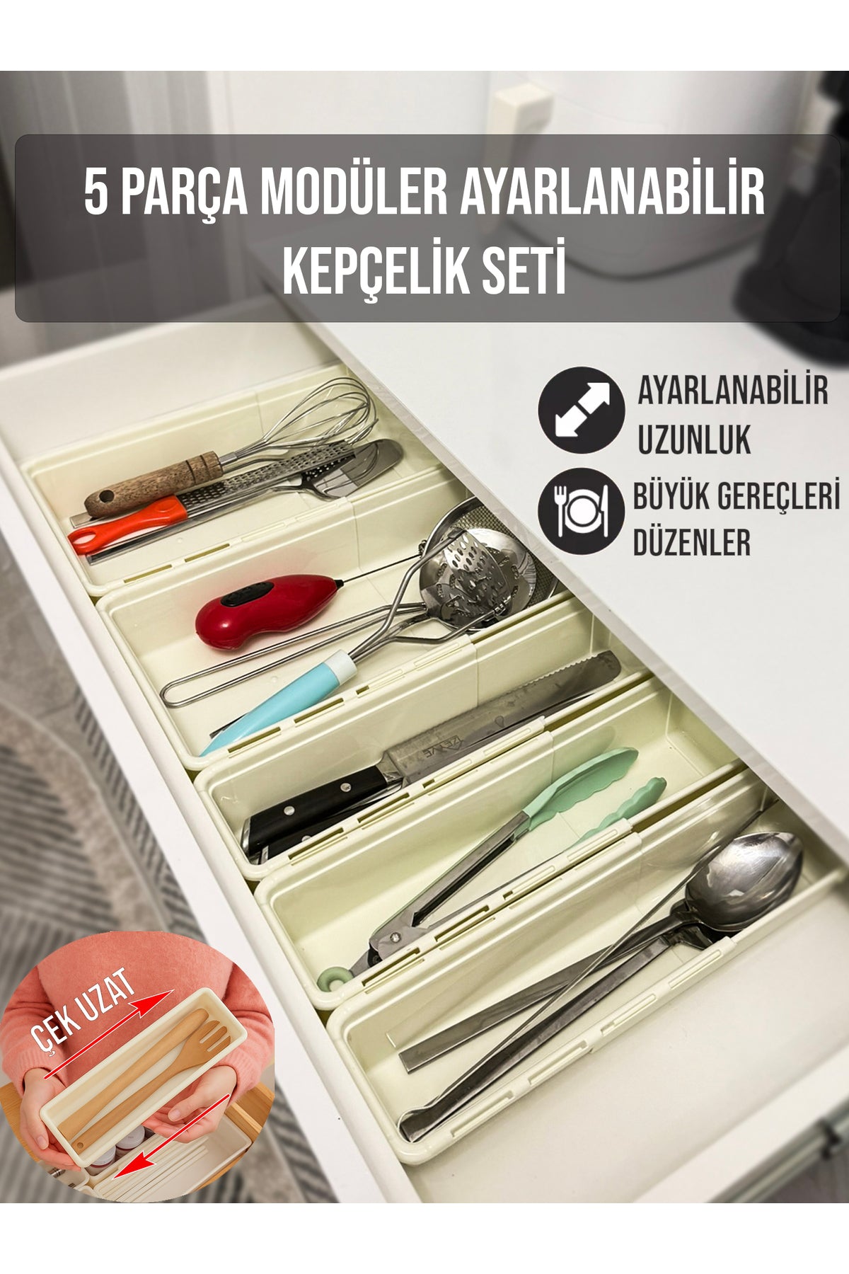5 Parça Ayarlanabilir Uzayabilen Kaşıklık Kepçelik Çekmece Düzenleyici
