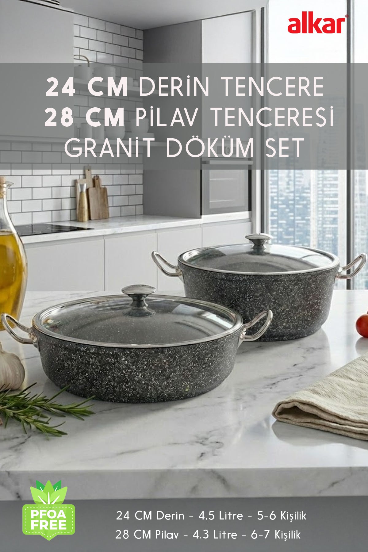 24 Cm Derin & 28 Cm Pilav Karnıyarık Granit Döküm Tencere Seti Fırına Uygun Dayanıklı
