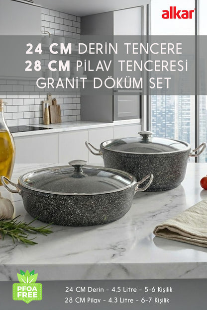 24 Cm Derin & 28 Cm Pilav Karnıyarık Granit Döküm Tencere Seti Fırına Uygun Dayanıklı
