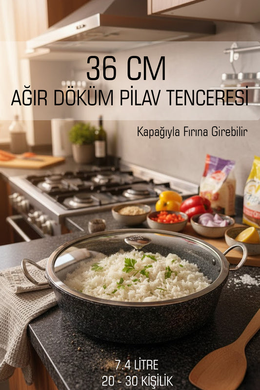 36 CM Ağır Döküm Fırına Girebilir Büyük Boy Pilav & Karnıyarık Tenceresi