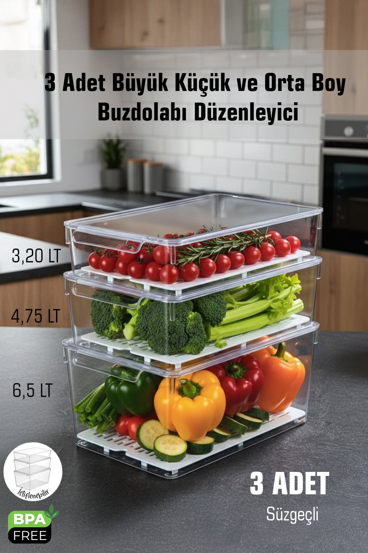 FrostyBox Süzgeçli Şeffaf Kapaklı Buzdolabı Düzenleyici ve Dolap İçi Organizer 3 Adet