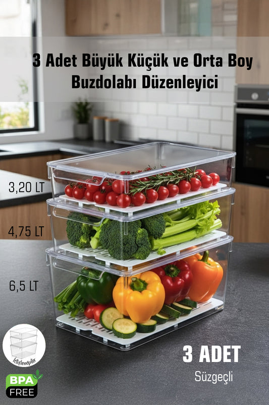 FrostyBox Süzgeçli Şeffaf Kapaklı Buzdolabı Düzenleyici ve Dolap İçi Organizer 3 Adet