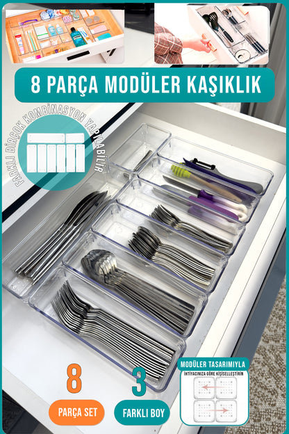 8 Parça Modüler Kaşıklık Kaşık Düzenleyici Organizer Çekmece İçi Düzenleyici