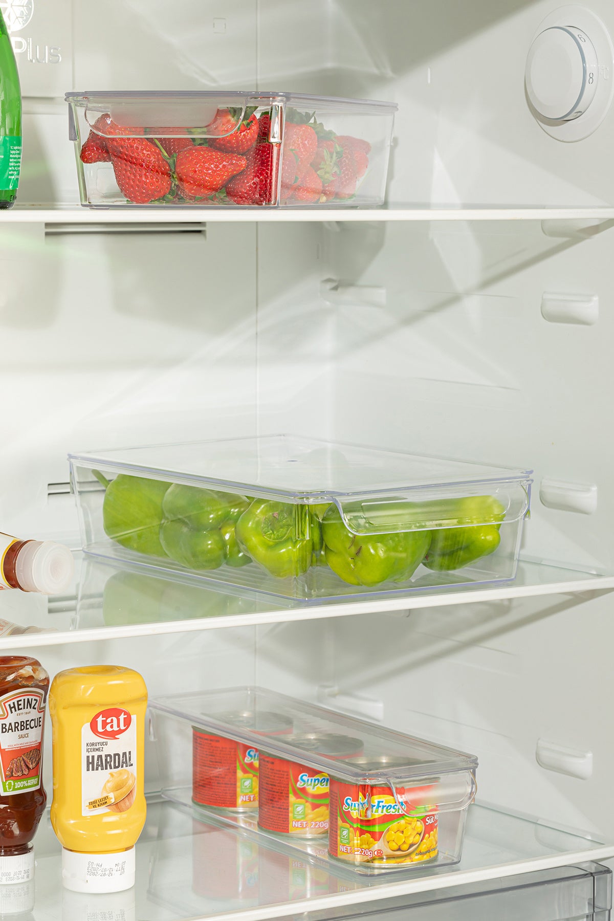 Sığ Boy FrostyBox Kapaklı Süzgeçli Buzdolabı Düzenleyici ve Dolap İçi Organizer 3 Adet