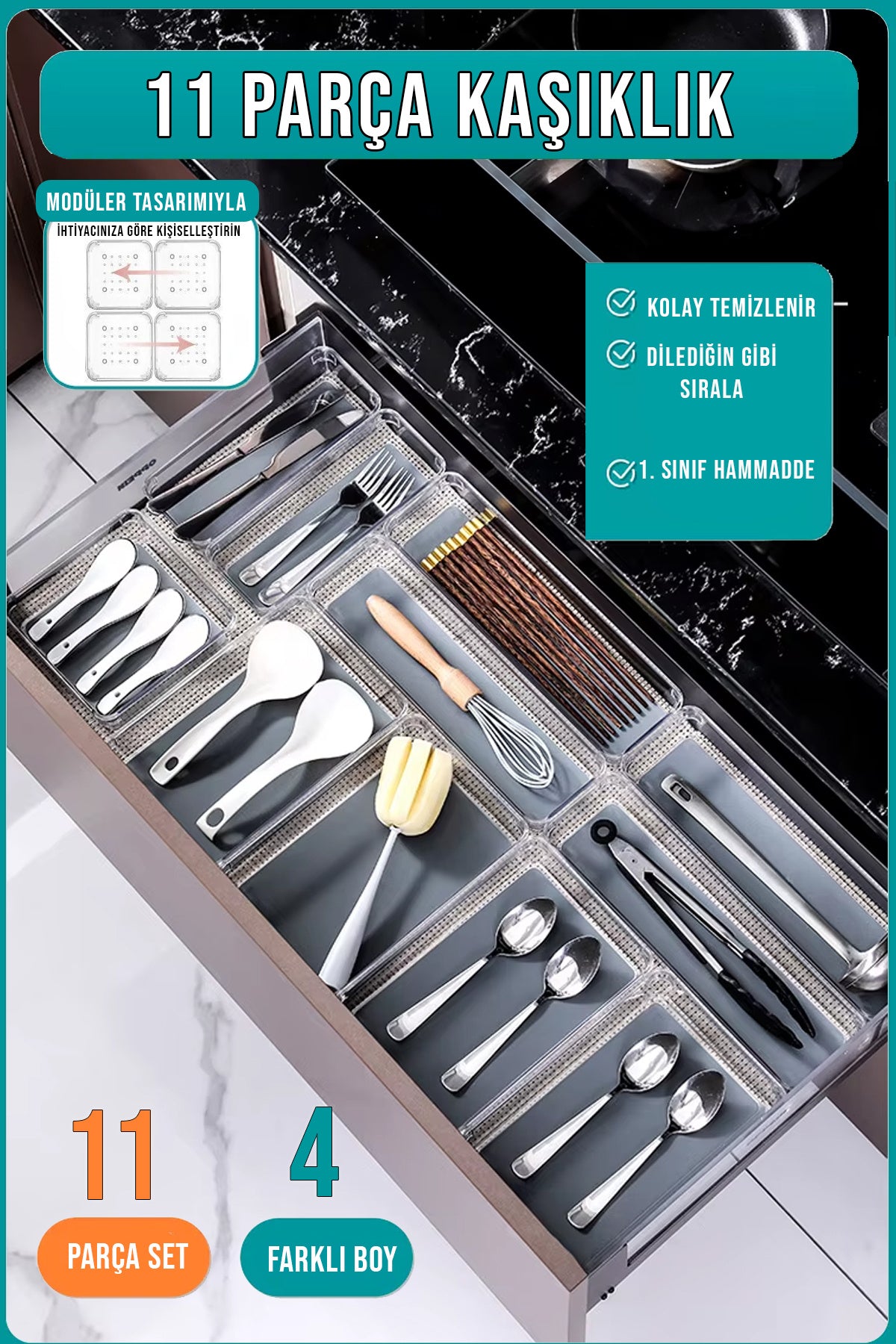 11 Li Kaşıklık ve Çekmece İçi Düzenleyici Modüler Organizer Set