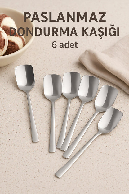 Paslanmaz Çelik 6'lı Sade Şık Dondurma Kaşığı