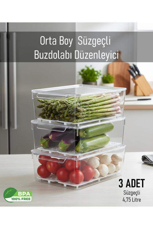 FrostyBox Orta Boy Buzdolabı Düzenleyici Organizer ve Dolap İçi Düzenleyici Set 3 Adet