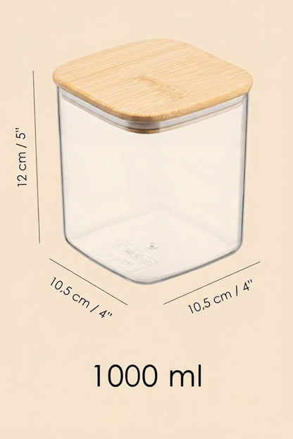 Bambu Kapaklı Kare 6’lı 1000 ML Hava Geçirmez Gıda Saklama Kabı Seti – 1 Litre