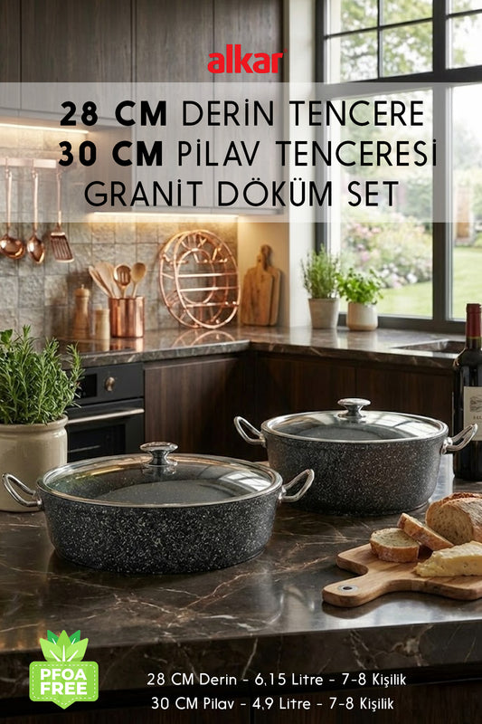30 Cm Pilav Karnıyarık ve 28 Cm Derin Granit Döküm Tencere Seti – Fırına Girebilir 2'li Set