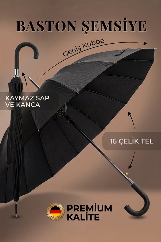 Baston Şemsiye 16 Telli Premium Kalite Geniş Kubbeli Siyah Şemsiye Kaymaz Saplı Rüzgara Dayanıklı Klasik Şemsiye