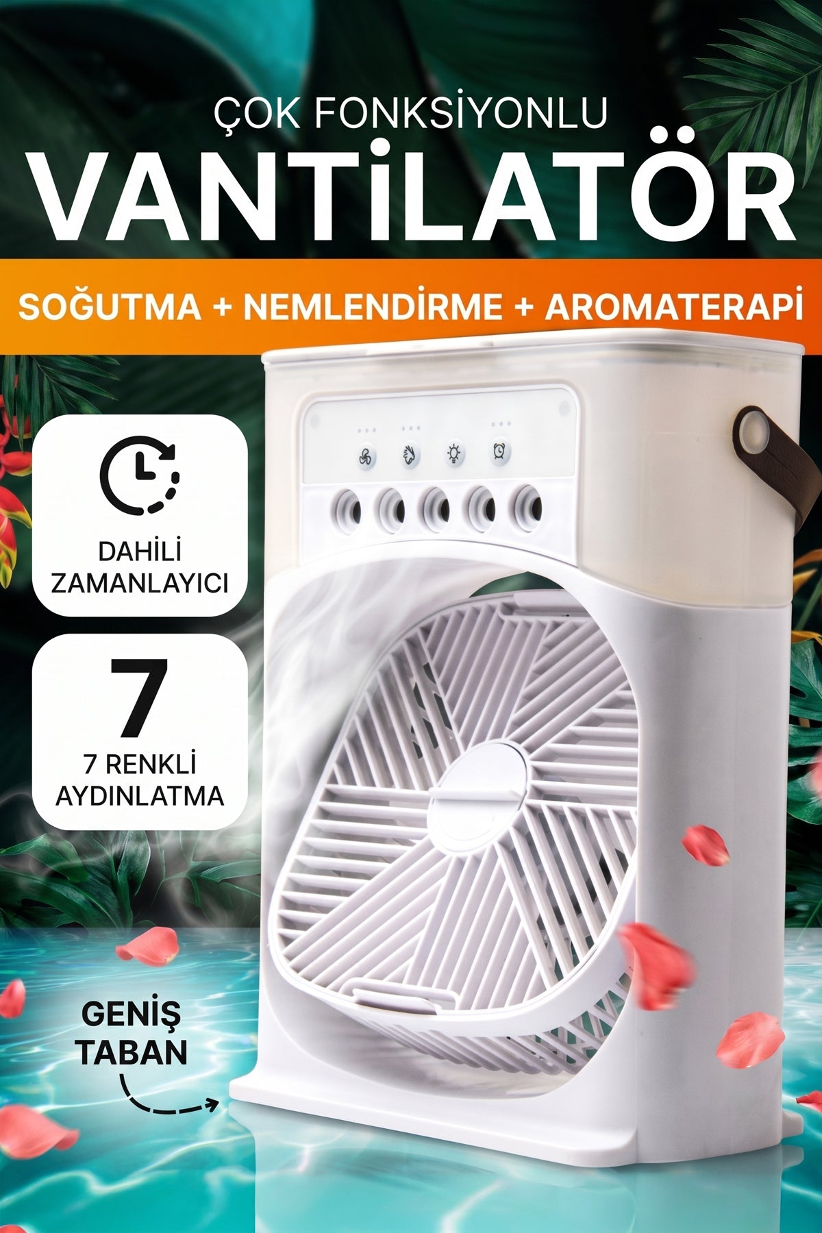 Çok Fonksiyonlu Su Hazneli Vantilatör - Nemlendirici, Aromaterapi ve 7 Renk Taşınabilir USB Tip-C