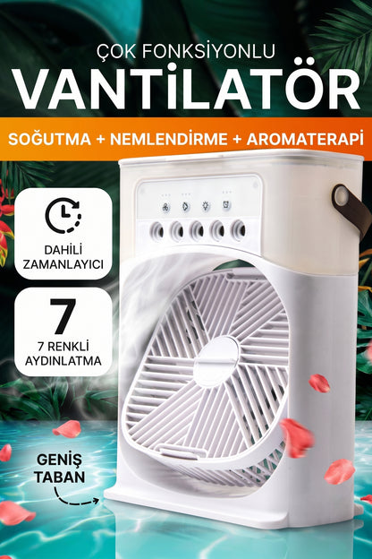 Çok Fonksiyonlu Su Hazneli Vantilatör - Nemlendirici, Aromaterapi ve 7 Renk Taşınabilir USB Tip-C