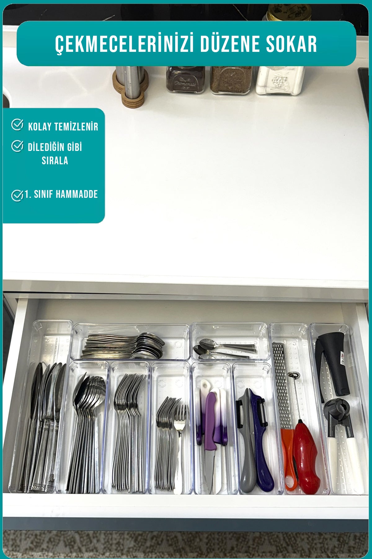 10'lu Modüler Şeffaf Kaşıklık Organizer Kaşık Düzenleyici Çekmece İçi Organizer