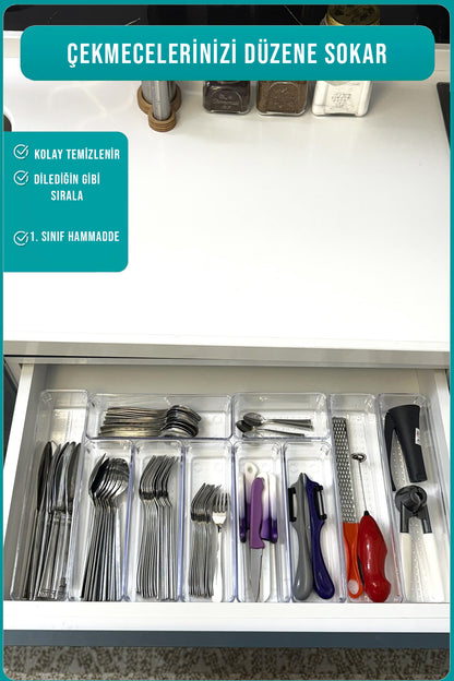 10'lu Modüler Şeffaf Kaşıklık Organizer Kaşık Düzenleyici Çekmece İçi Organizer