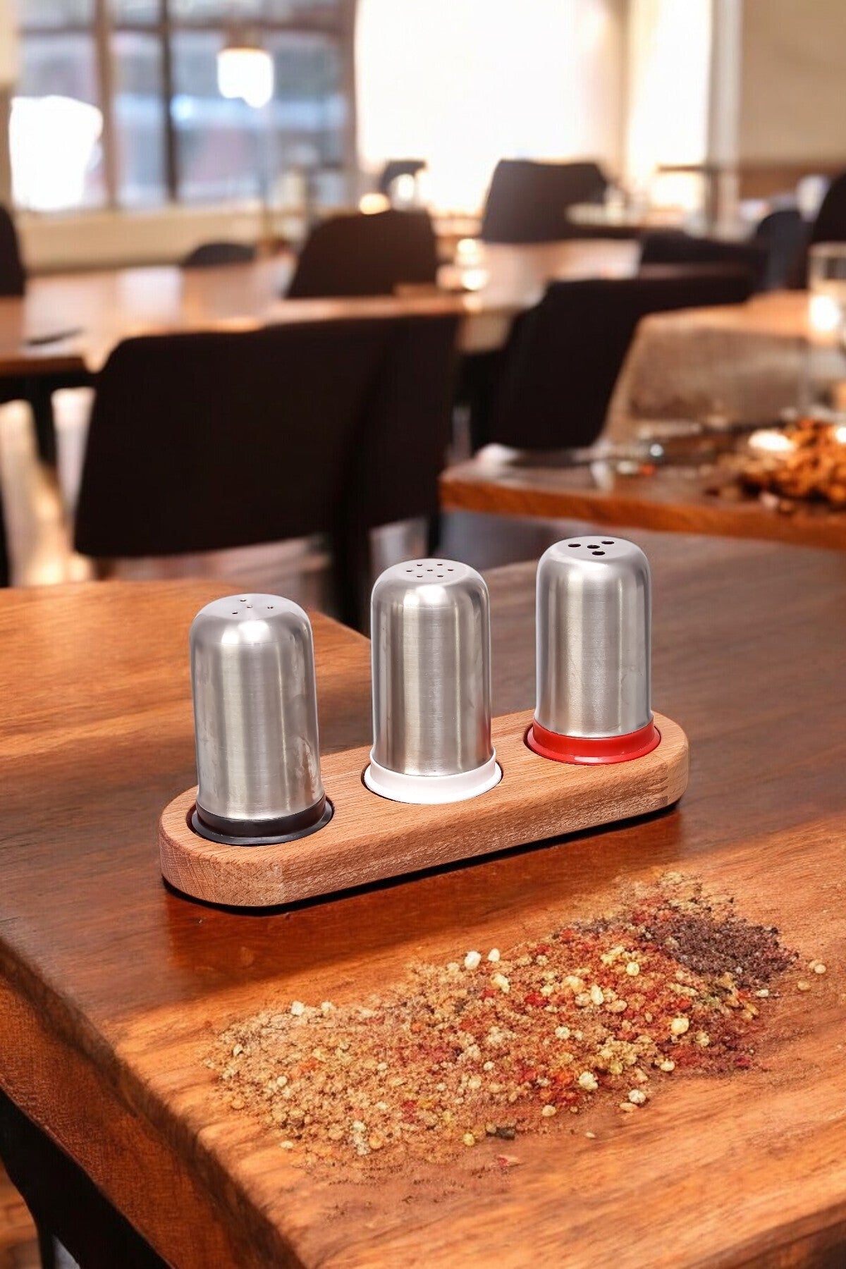 Ahşap Stantlı Baharatlık ve Tuzluk Seti 3'lü Paslanmaz Çelik Kafe Restorant