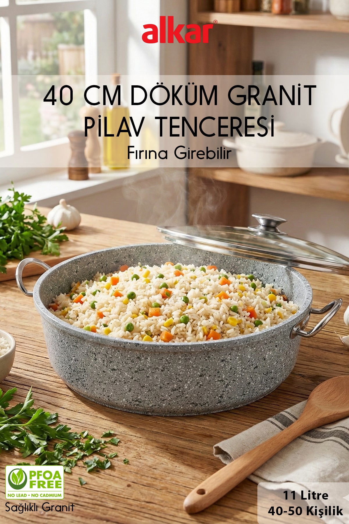 40 CM Ağır Döküm Granit Yanmaz Yapışmaz Fırına Girebilir Pilav Tenceresi