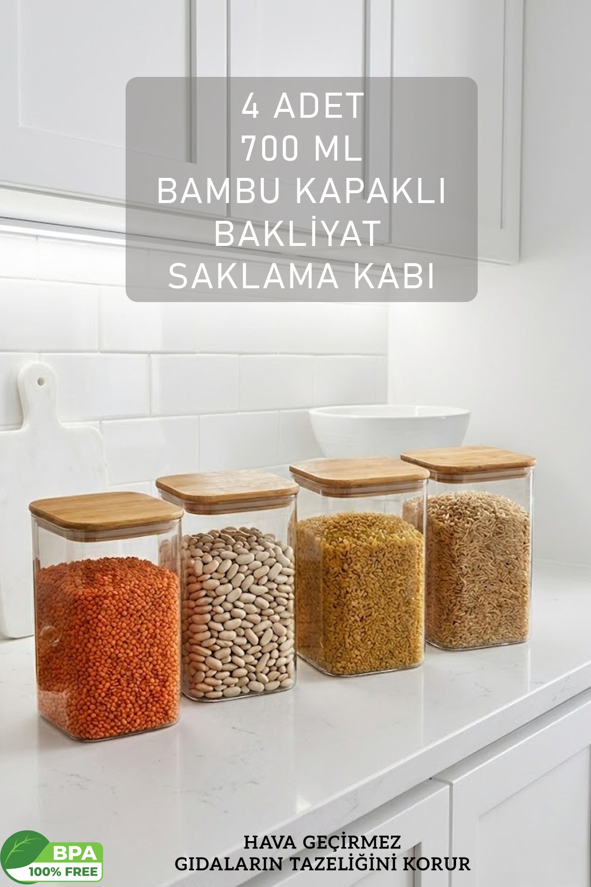 Bambu Kapaklı Kare 4’lü 1400 ML Hava Geçirmez Gıda Saklama Kabı Seti – Orta Boy Contalı Erzak Kabı